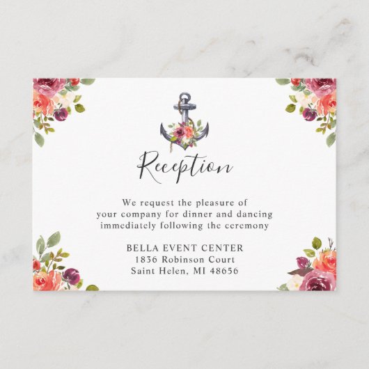 Carte D'accompagnement Réception de mariage floral à l'ancre nautique ble (Devant)