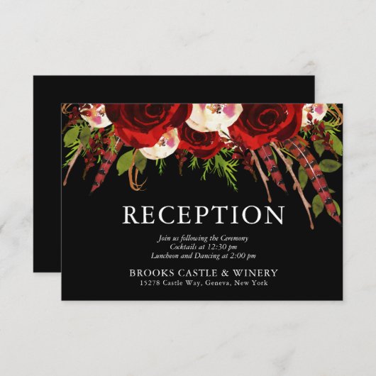 Carte D'accompagnement Réception de mariage Floral Boho de Bourgogne Noir (Devant / Derrière)