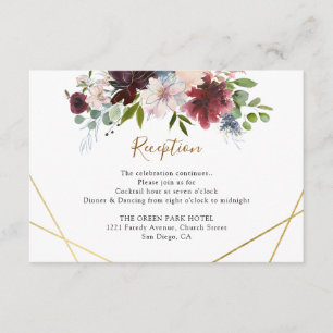 Carte D'accompagnement Réception de mariage floral bordeaux géométrique