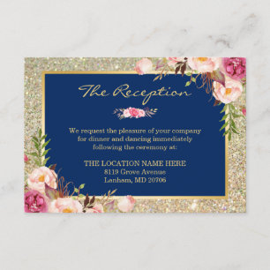 Carte D'accompagnement Réception de mariage Floral Navy Blue Gold Glitter