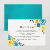 Carte D'accompagnement Réception de mariage floral turquoise et jaune (Devant / Derrière)