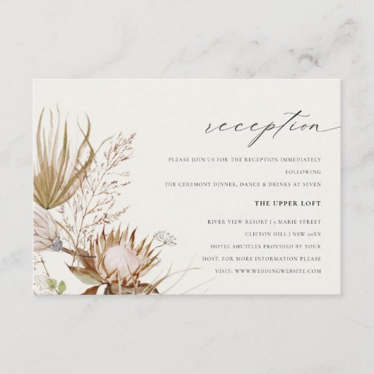 Carte D'accompagnement Réception De Mariage Florale Chic Boho Protea Sec (Devant)