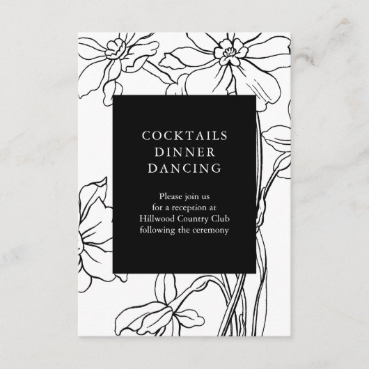 Carte D'accompagnement Réception de mariage florale moderne en noir et bl (Devant)