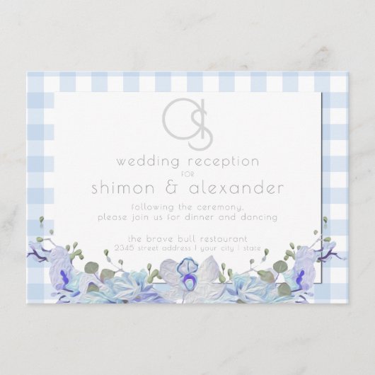Carte D'accompagnement Réception de mariage | Gingham bleu à monogramme (Devant)