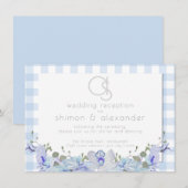 Carte D'accompagnement Réception de mariage | Gingham bleu à monogramme (Devant / Derrière)