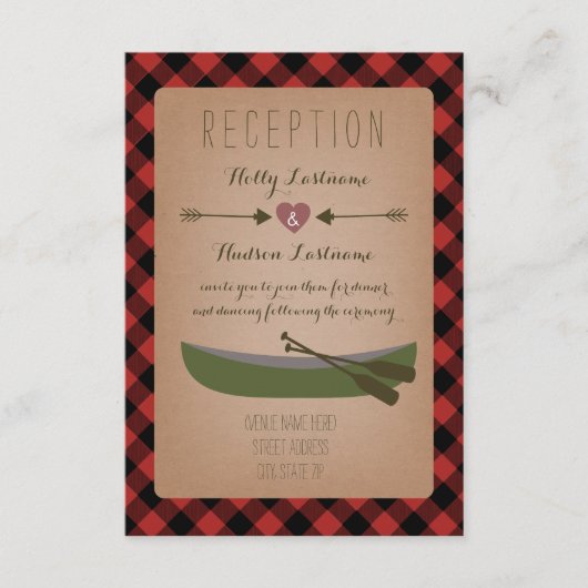 Carte D'accompagnement Réception de mariage Lumberjack Plaid Canoë + Flèc (Devant)