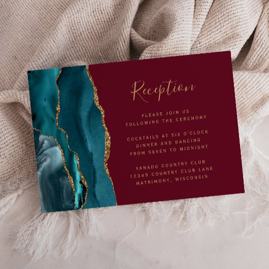 Carte D'accompagnement Réception de mariage moderne sarcelle or agate bor