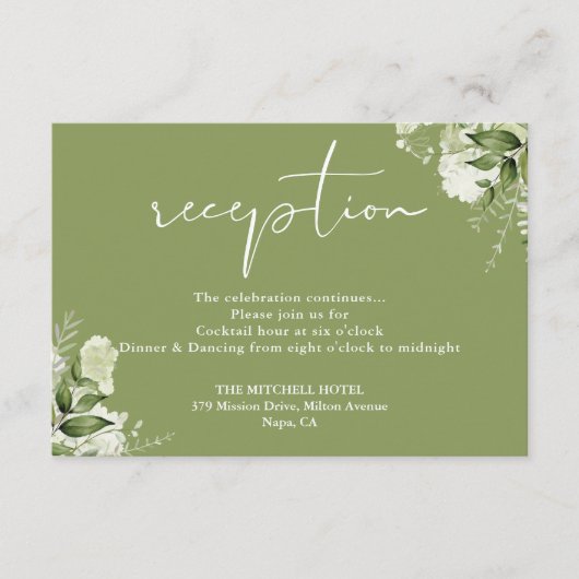 Carte D'accompagnement Réception de mariage Moss Green Floral Script (Devant)