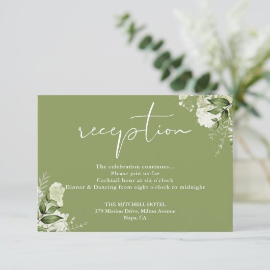 Carte D'accompagnement Réception de mariage Moss Green Floral Script (Debout devant)