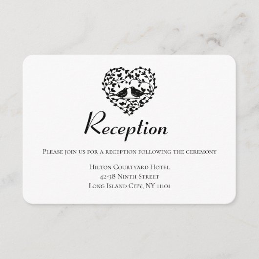 Carte D'accompagnement Réception de mariage noir oiseaux de l'amour flora (Devant)