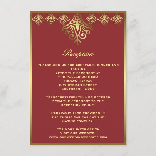 Carte D'accompagnement Réception de mariage ornemental encadrée rouge et (Devant)