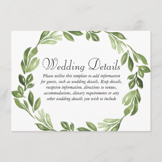 Carte D'accompagnement Réception de mariage printanier avec verdure aquar (Devant)