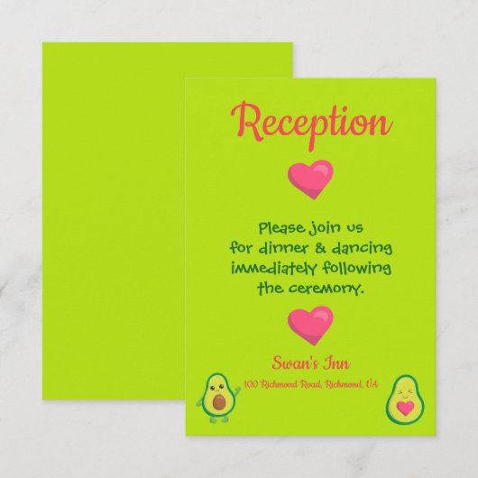 Carte D'accompagnement Réception de mariage rose et vert Avocado (Devant / Derrière)