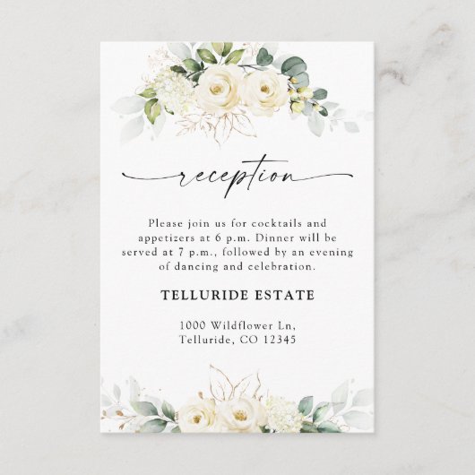 Carte D'accompagnement Réception de mariage Roses blanches vertes (Devant)