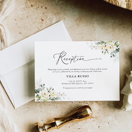 Carte D'accompagnement Réception de mariage Roses blanches vertes