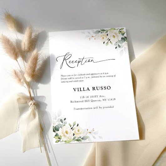 Carte D'accompagnement Réception de mariage Roses blanches vertes