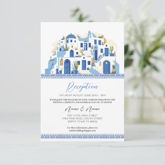 Carte D'accompagnement Réception de mariage Santorin Grèce Bleu Grec (Debout devant)