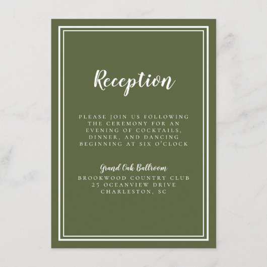 Carte D'accompagnement Réception de mariage simple Olive Green White Clas (Devant)