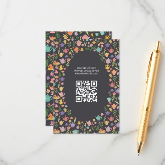 Carte D'accompagnement Réception de Mariage Tea Party Code QR PERSONNALIS (Devant/Arrière en situation)