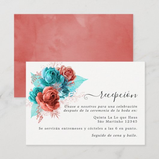 Carte D'accompagnement Réception de mariage turquoise et corail en espagn (Devant / Derrière)