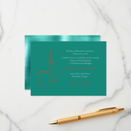 Carte D'accompagnement Réception de mariage Turquoise et cuivre tendance (Devant/Arrière en situation)