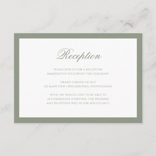 Carte D'accompagnement Réception De Mariage Vert De Sage Classique (Devant)
