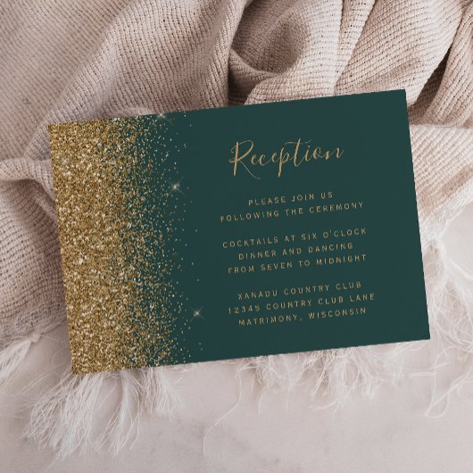 Carte D'accompagnement Réception de mariage vert foncé paillettes or mode
