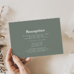 Carte D'accompagnement Réception De Mariage Vert Formelle Minimaliste<br><div class="desc">Cette carte minimaliste de réception verte de mariage est parfaite pour un mariage rustique. Le design comporte une belle police dans un arrière - plan vert pour embellir votre événement.</div>