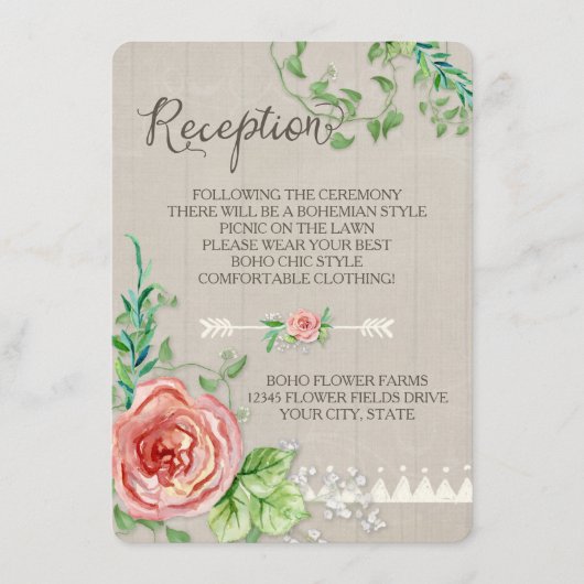 Carte D'accompagnement Réception de pique-nique Roses de bébé BOHO en boi (Devant)