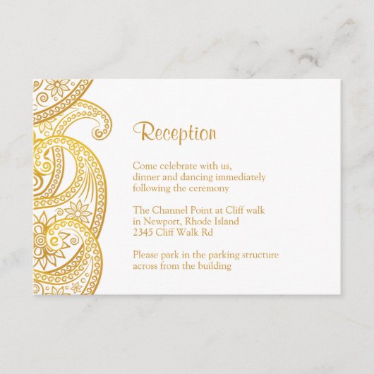 Carte D'accompagnement Réception Gold Paisley, Mariage indien traditionne (Devant)