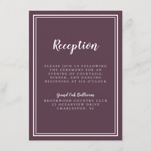 Carte D'accompagnement Réception Mariage classique violet blanc simple (Devant)