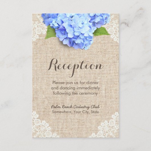 Carte D'accompagnement Réception Rustique Bleu Hydrangea Dentelle & Burla (Devant)