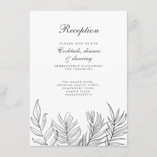 Carte D'accompagnement Réception Tropical Leaf Black White (Devant)