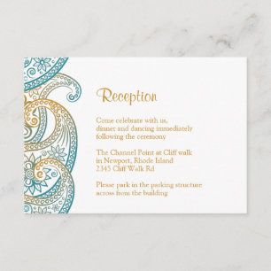 Carte D'accompagnement Réception turquoise & Gold Paisley, Mariage indien