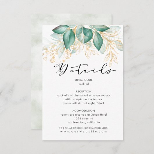 Carte D'accompagnement réception verdoyante en or vert poussiéreux eucaly (Devant / Derrière)