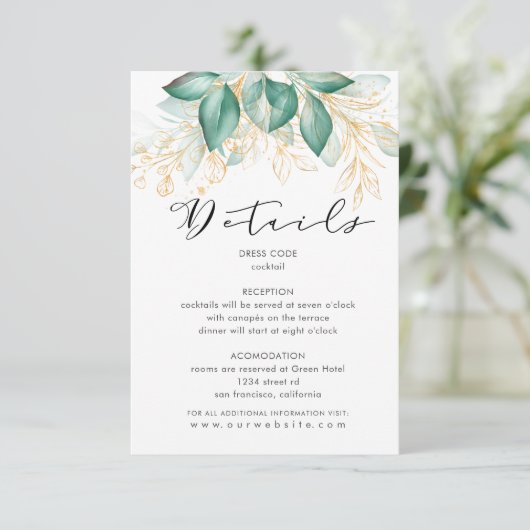 Carte D'accompagnement réception verdoyante en or vert poussiéreux eucaly (Debout devant)