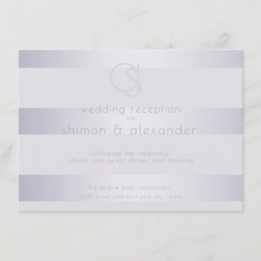 Carte D'accompagnement Réception | Violet Argent Stripes Monogramme (Devant)