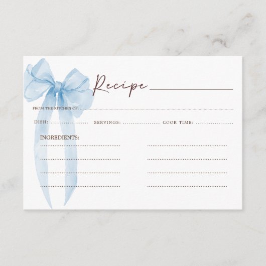 Carte D'accompagnement Recette de Baby Shower Mariage Bleu Bow (Devant)