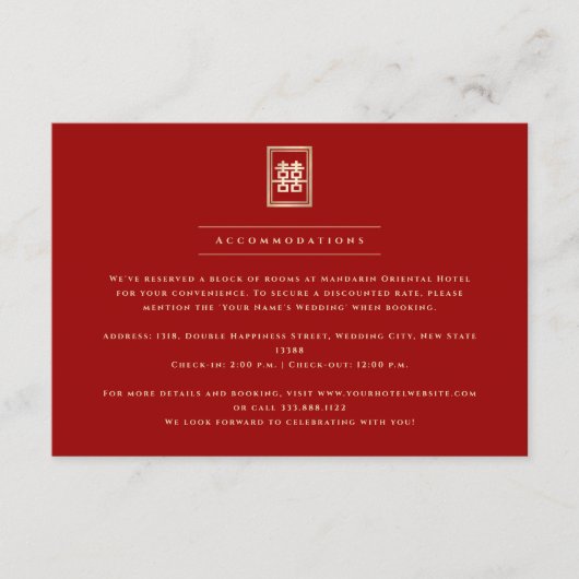 Carte D'accompagnement Rectangle classique Double Bonheur Mariage chinois (Devant)