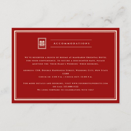 Carte D'accompagnement Rectangle classique Double Bonheur Mariage chinois (Devant)