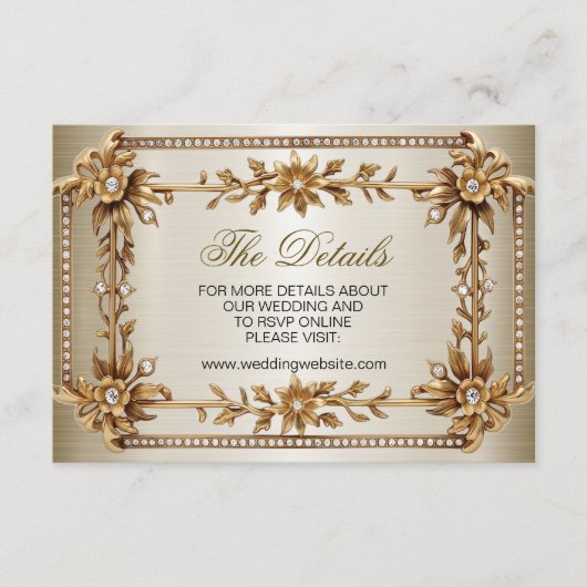 Carte D'accompagnement Rectangle Orné Or mariage Fleurs Dimonées brillant (Devant)