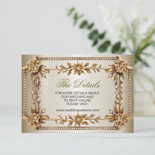 Carte D'accompagnement Rectangle Orné Or mariage Fleurs Dimonées brillant (Debout devant)
