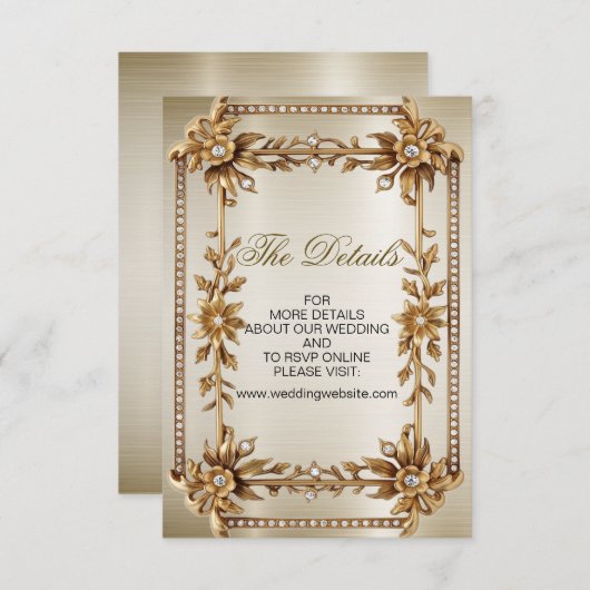 Carte D'accompagnement Rectangle Orné Or mariage Fleurs Dimonées brillant (Devant / Derrière)