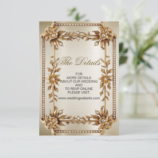 Carte D'accompagnement Rectangle Orné Or mariage Fleurs Dimonées brillant (Debout devant)