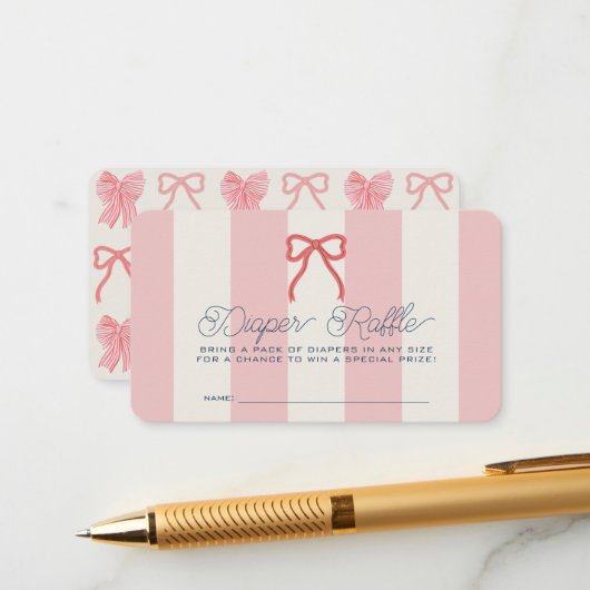 Carte D'accompagnement Red Bow & Pink Stripes Baby Diaper Raffle Ticket (Devant/Arrière en situation)