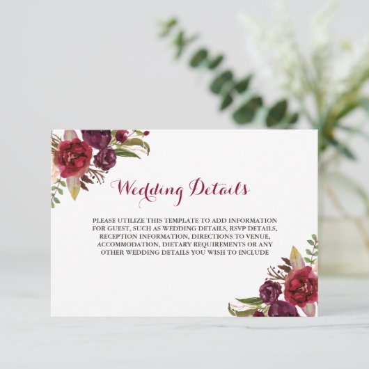 Carte D'accompagnement Red Burgundy Floral Wedding Détails de la réceptio (Debout devant)