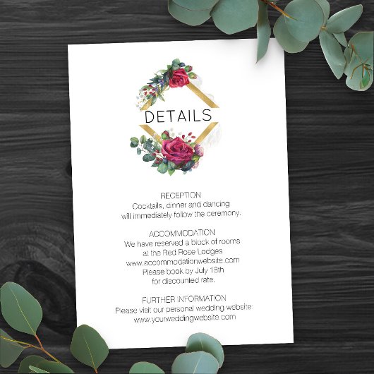 Carte D'accompagnement Red Rose et Eucaluptus Détails du Mariage