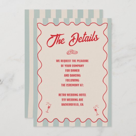 Carte D'accompagnement Red Script Blue Line QR Code Retro Wedding Details (Devant / Derrière)