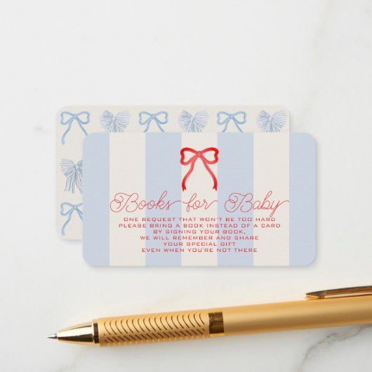 Carte D'accompagnement Red White & Due Bow Blue Stripes Baby Book Request (Devant/Arrière en situation)
