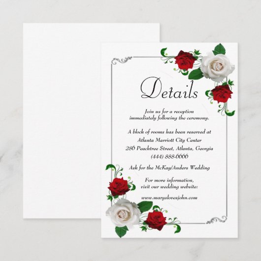 Carte D'accompagnement Red & White Roses Christmas Détails du Mariage (Devant / Derrière)